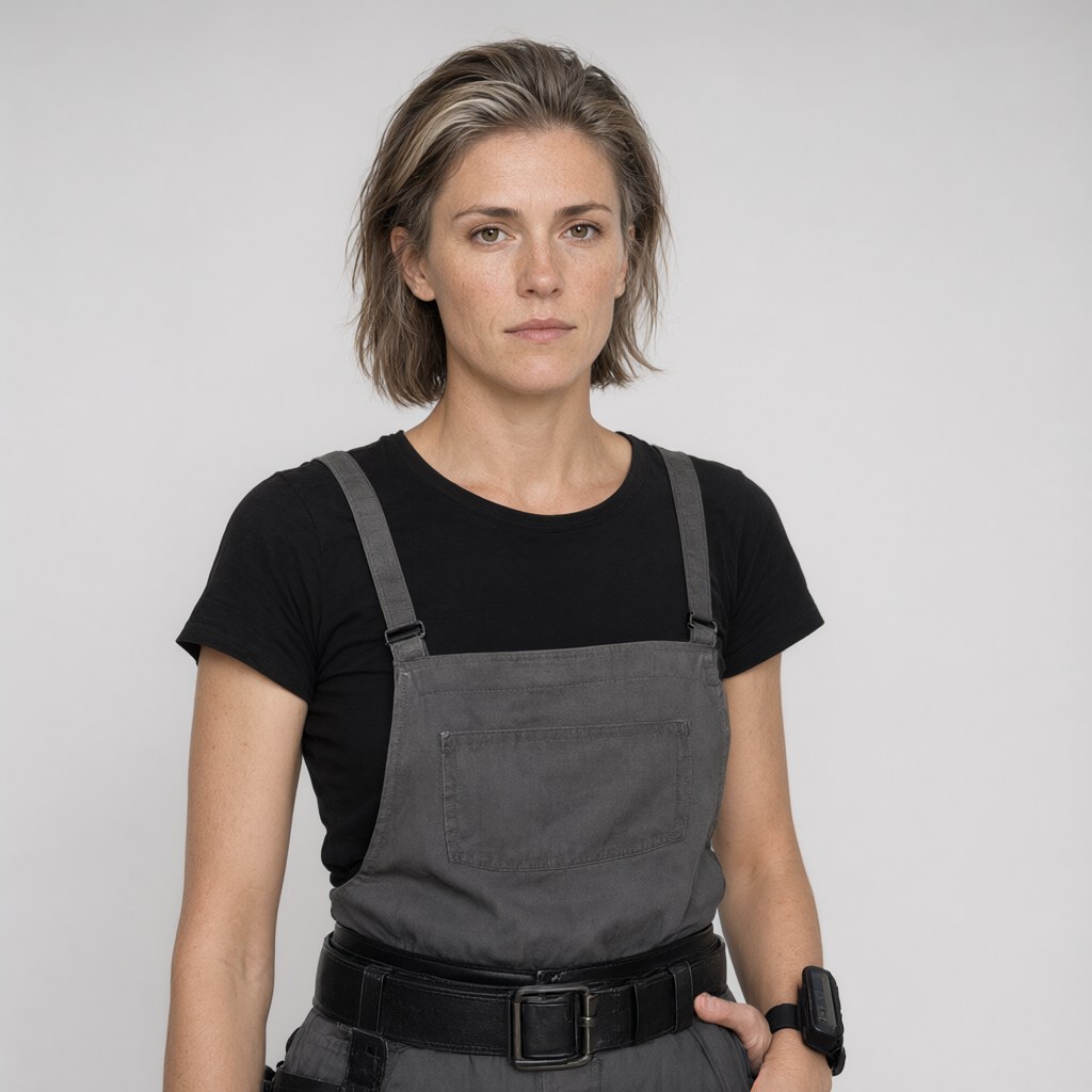 Close-up head-and-shoulders portrait, facing the camera squarely, neutral concentrated expression, mouth closed, plain light-grey studio background, soft even frontal light, black tee and grey overall straps.