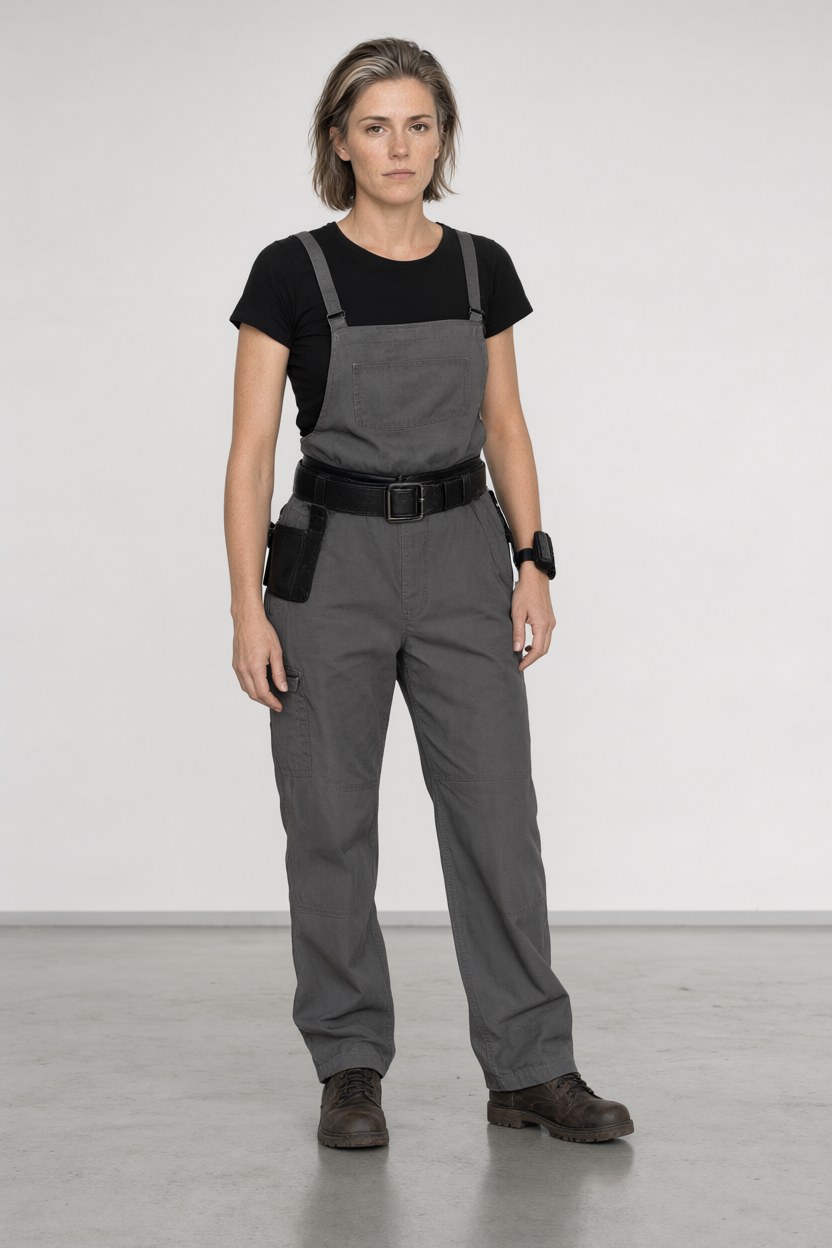 Full length on the hangar floor, weight on one leg, arms loose, facing the camera, grey work overalls over a black tee, a wide black tool belt at the waist, a matte black device on the left wrist, work boots, flat daylight.