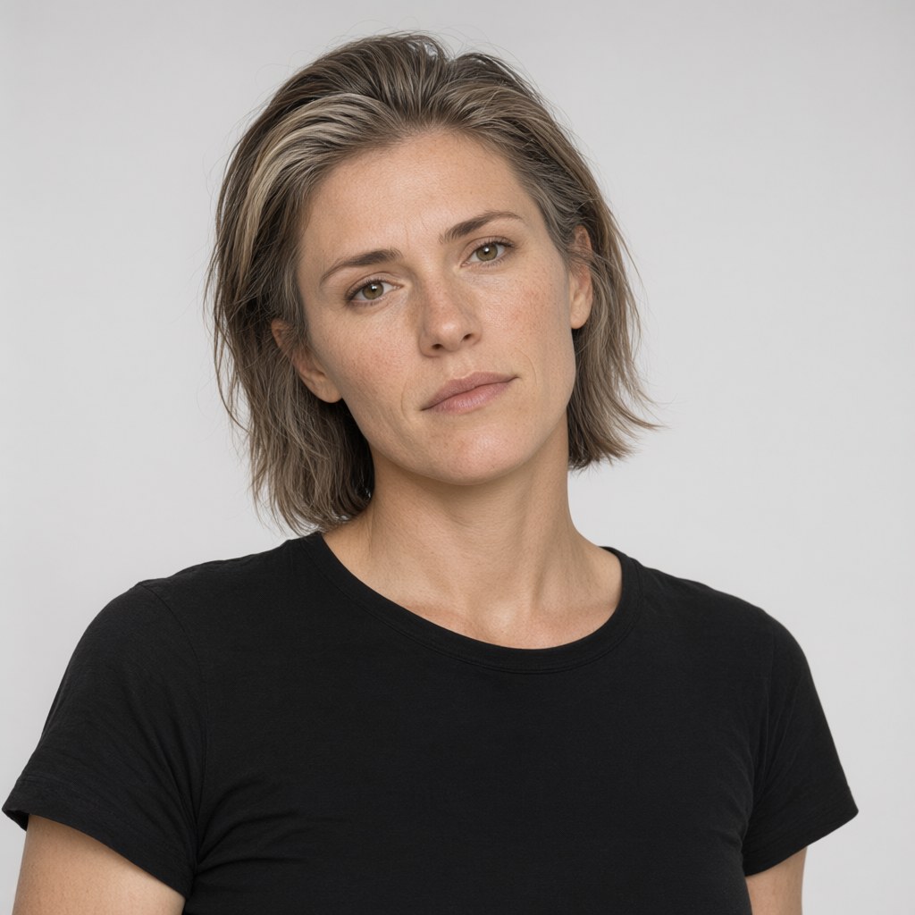 Close-up portrait, head tilted a few degrees to her right, eyes on the lens, neutral expression, plain light-grey background, soft even light, black tee.