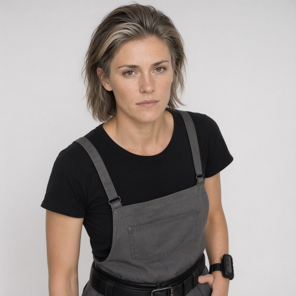 Close-up portrait from slightly above eye level, looking up into the lens, neutral expression, plain light-grey background, soft even light.
