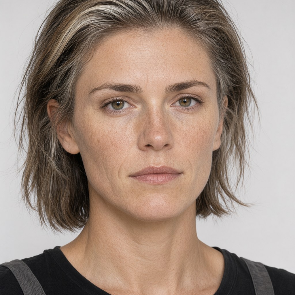 Tight close-up of the upper face, eyes on the lens, the white streak at the left temple and the freckles across the nose sharp in frame, plain background, soft even light.