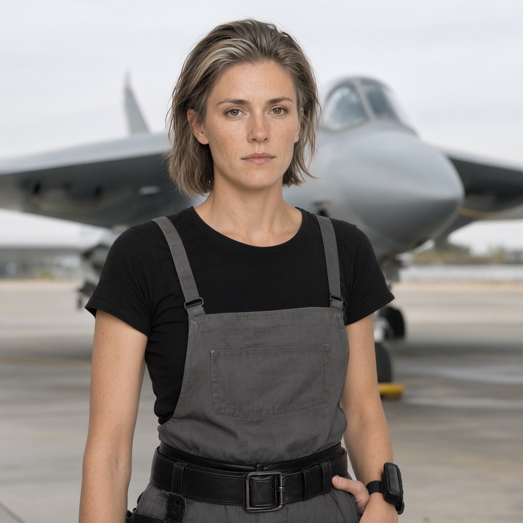 Close-up portrait on the hangar floor in flat daylight, face to camera, mouth closed, the pale grey nose of a speculative aircraft softly out of focus behind her, black tee and grey overall straps.