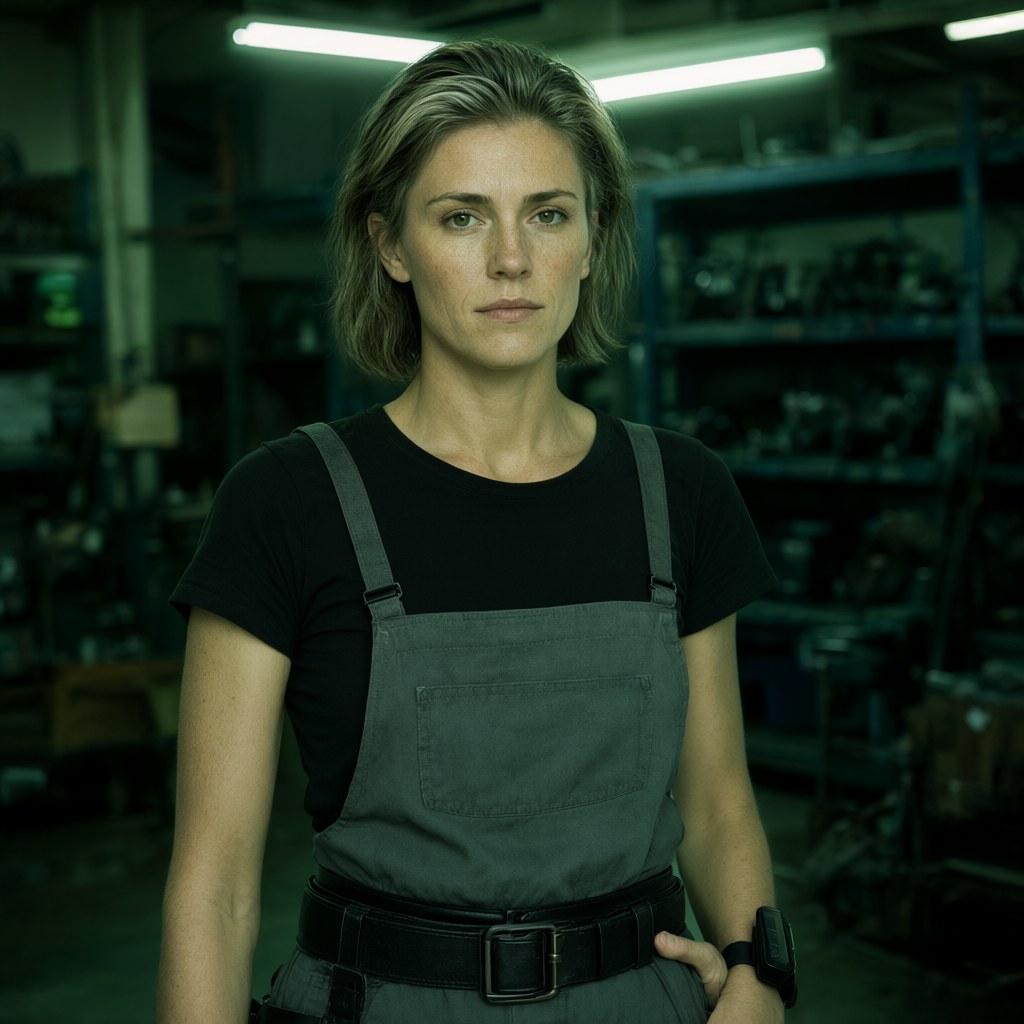 Close-up portrait under hard overhead fluorescent light in a parts loft, cool green cast, face to camera, neutral expression, dark shelving out of focus behind her.