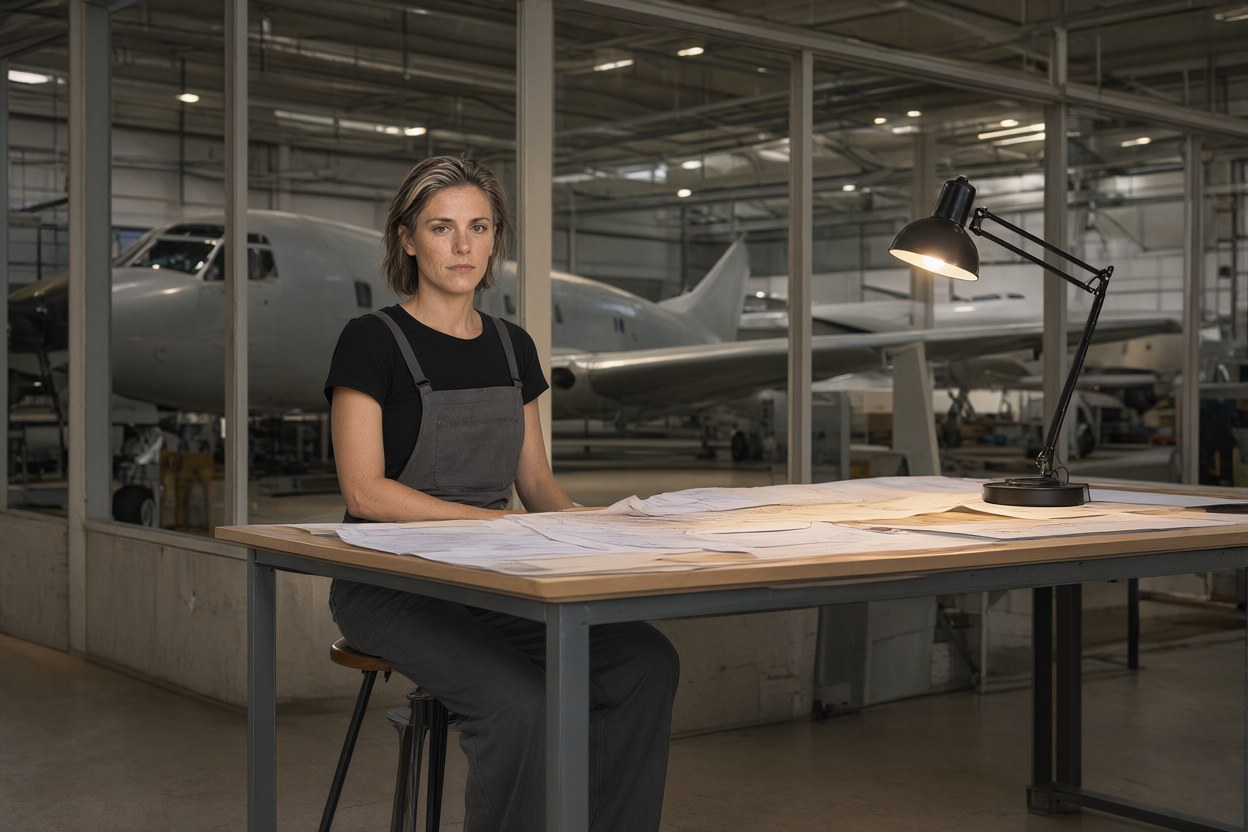Of the hangar with the woman seated on a stool at the tall table, blueprints spread out, task lamp warm, the grey aircraft nose visible through the open partition behind her, looking at the camera.
