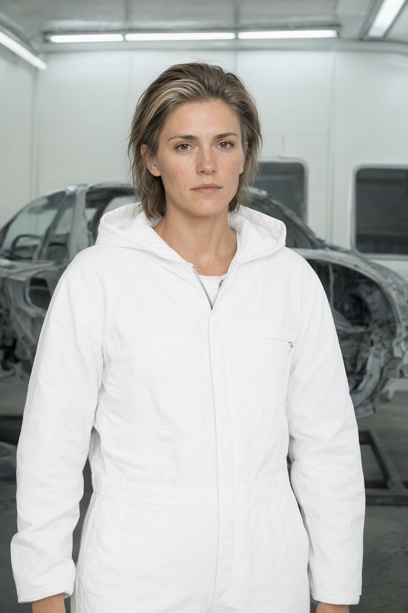 Waist-up medium shot in a white coverall with the hood down inside a paint booth, a covered car body behind her, cool even light, face to camera.