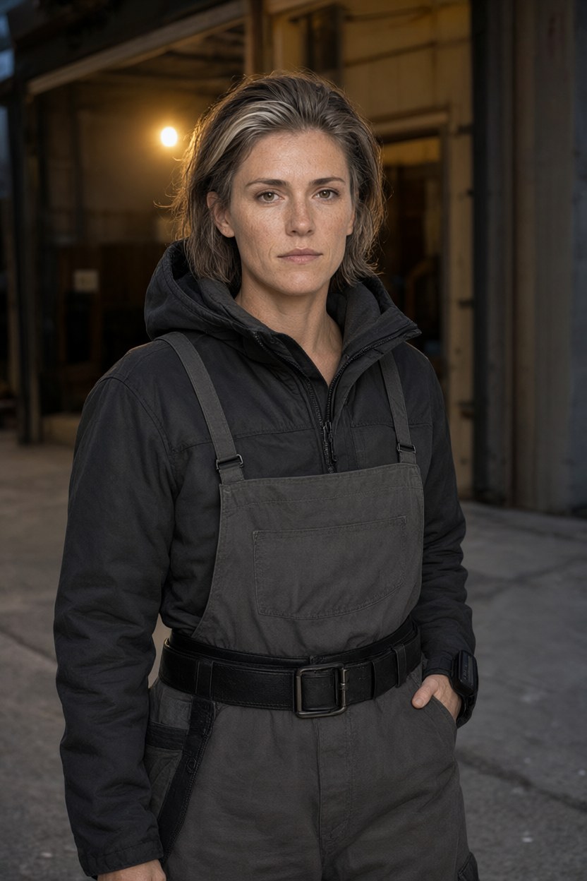 Waist-up medium shot on the concrete apron at dusk, dark insulated work jacket collar up, warm sodium light from a lit doorway behind her, face to camera.