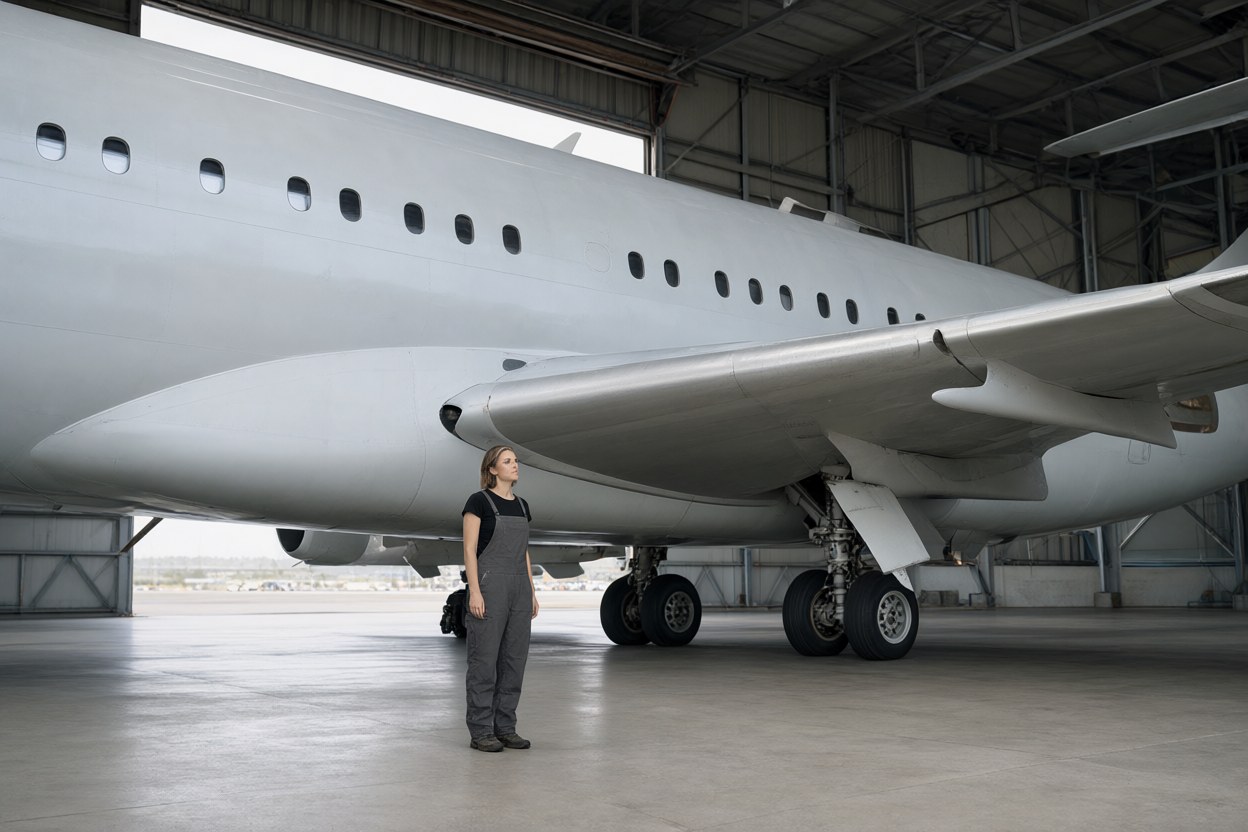 With the doors half open, the pale grey speculative aircraft filling most of the frame, the woman standing small beside the main landing gear looking up at the wing, flat daylight, one person only.