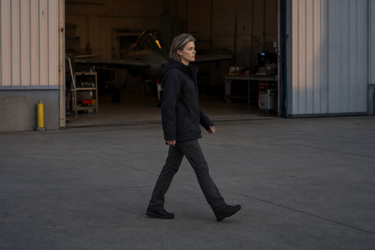 Walking across the concrete apron at dusk away from a lit hangar doorway, seen in full from the side, dark insulated work jacket, the tail of the speculative aircraft in the doorway behind her.