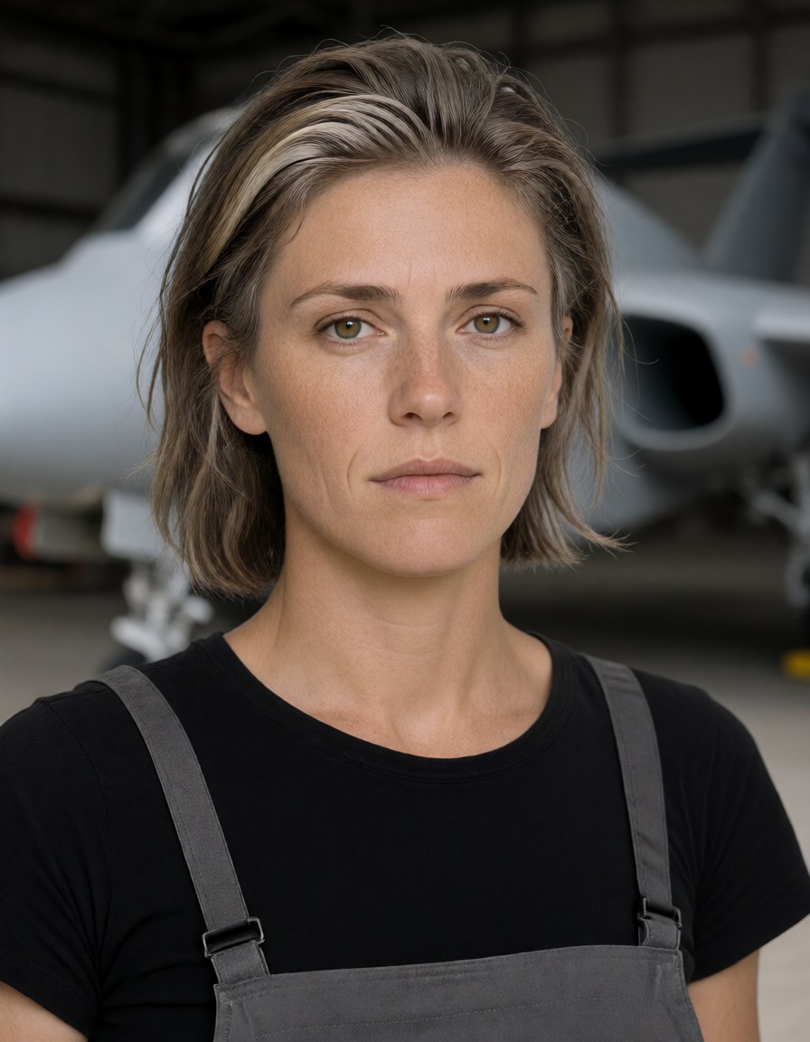 Chest-up on the hangar floor in grey work overalls over a black tee, flat daylight from the half-open doors, the unmarked concept aircraft blurred behind her.