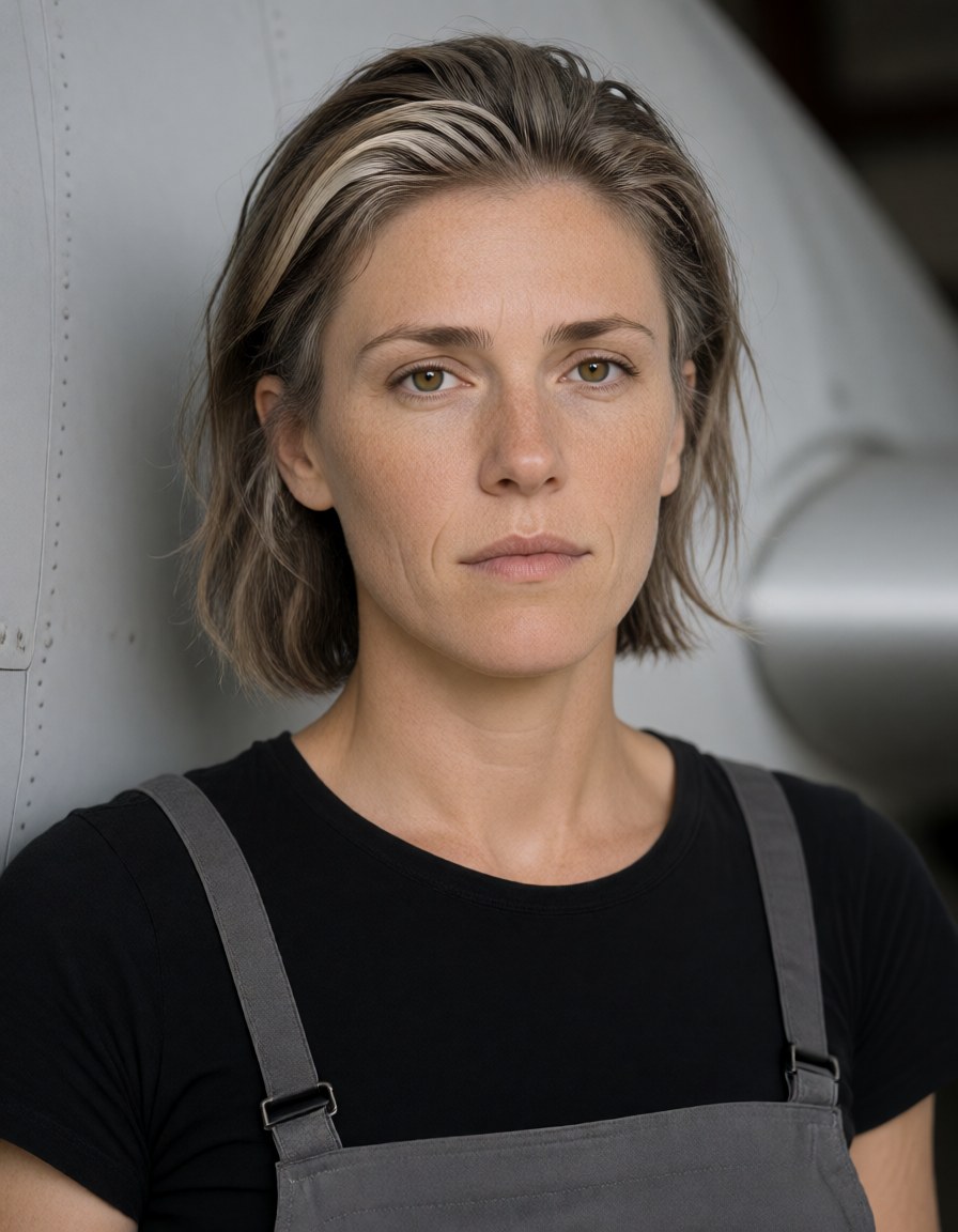 Chest-up leaning against the pale grey wing edge inside the hangar, flat daylight, a concentrated resting look.