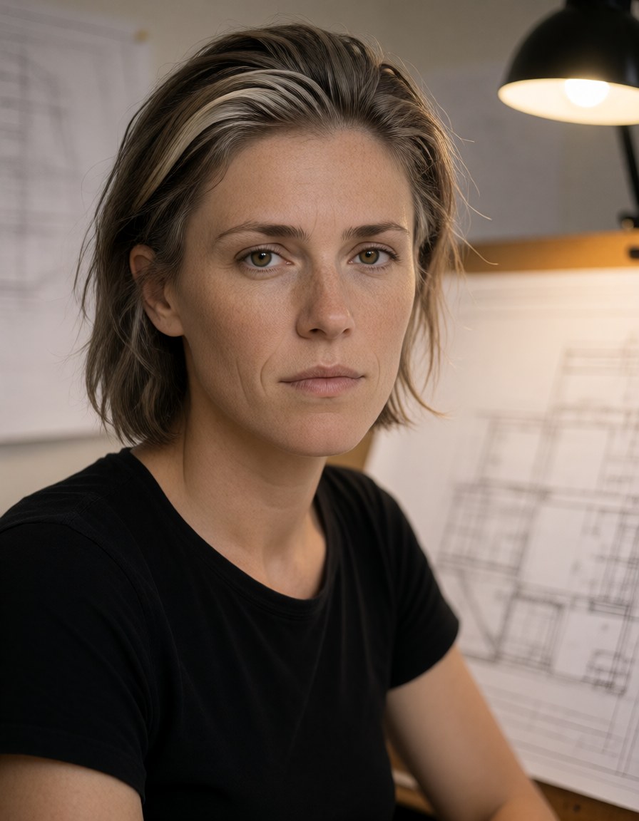 Chest-up at the drafting corner under the warm task lamp, blank blueprint sheets pinned on the wall behind her, eyes lifted to the camera.