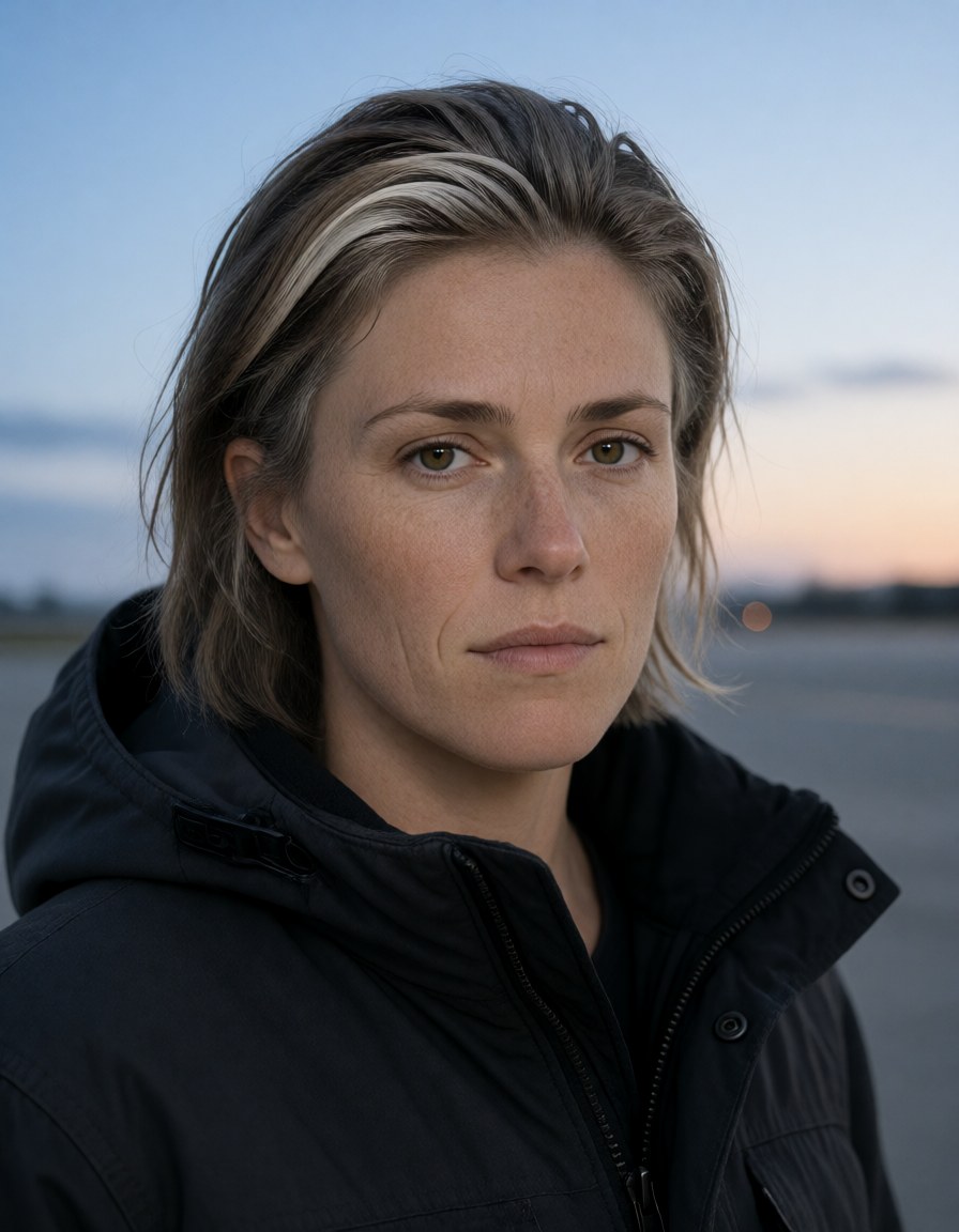 Chest-up on the concrete apron at dusk in a dark insulated work jacket, cool blue sky and a soft orange horizon, wind in her hair.