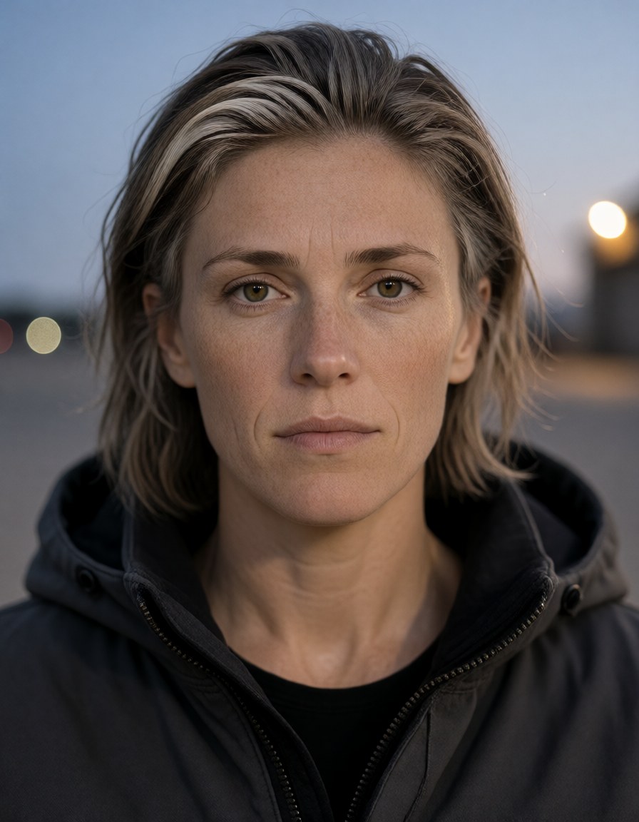 Head and shoulders on the apron at dusk, soft last light on her face, the hangar lights far behind her.