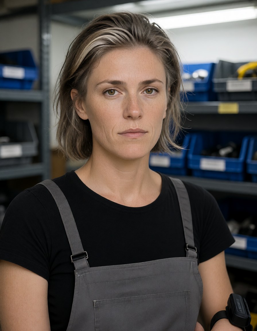 Chest-up in the parts loft under cool fluorescent light, plain unmarked parts bins blurred behind her.