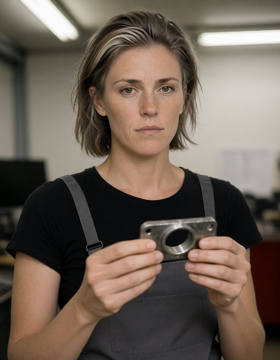 Waist-up in the parts loft, holding a small machined metal bracket at chest height, eyes to the camera.